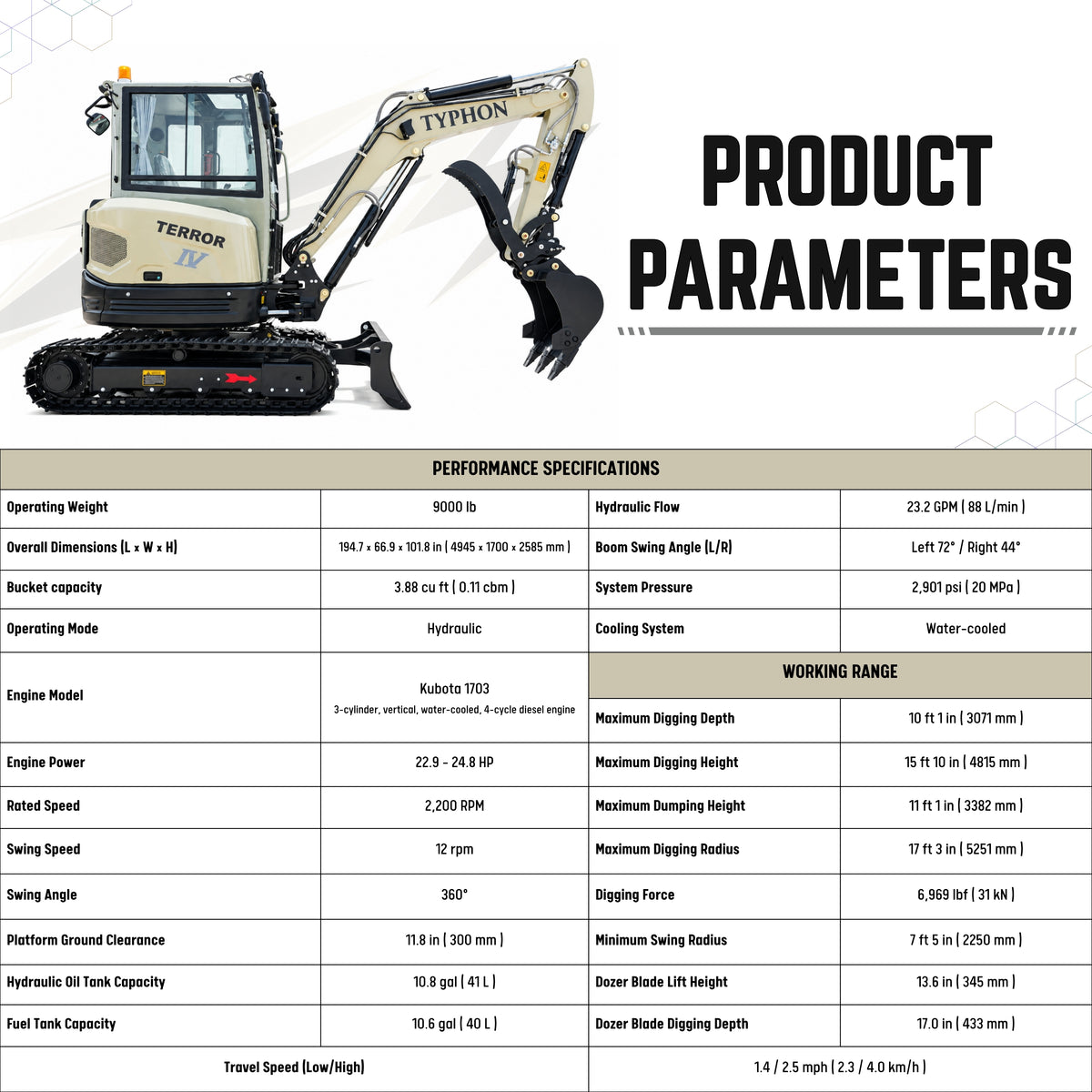 TYPHON Terror IV PROPACT Series 9,000 lb Mini Excavator with Kubota D1703 Diesel, AC/Heater & Zero Tail Swing