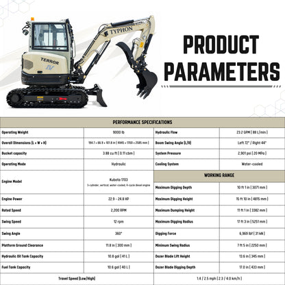 TYPHON Terror IV PROPACT Series 9,000 lb Mini Excavator with Kubota D1703 Diesel, AC/Heater & Zero Tail Swing