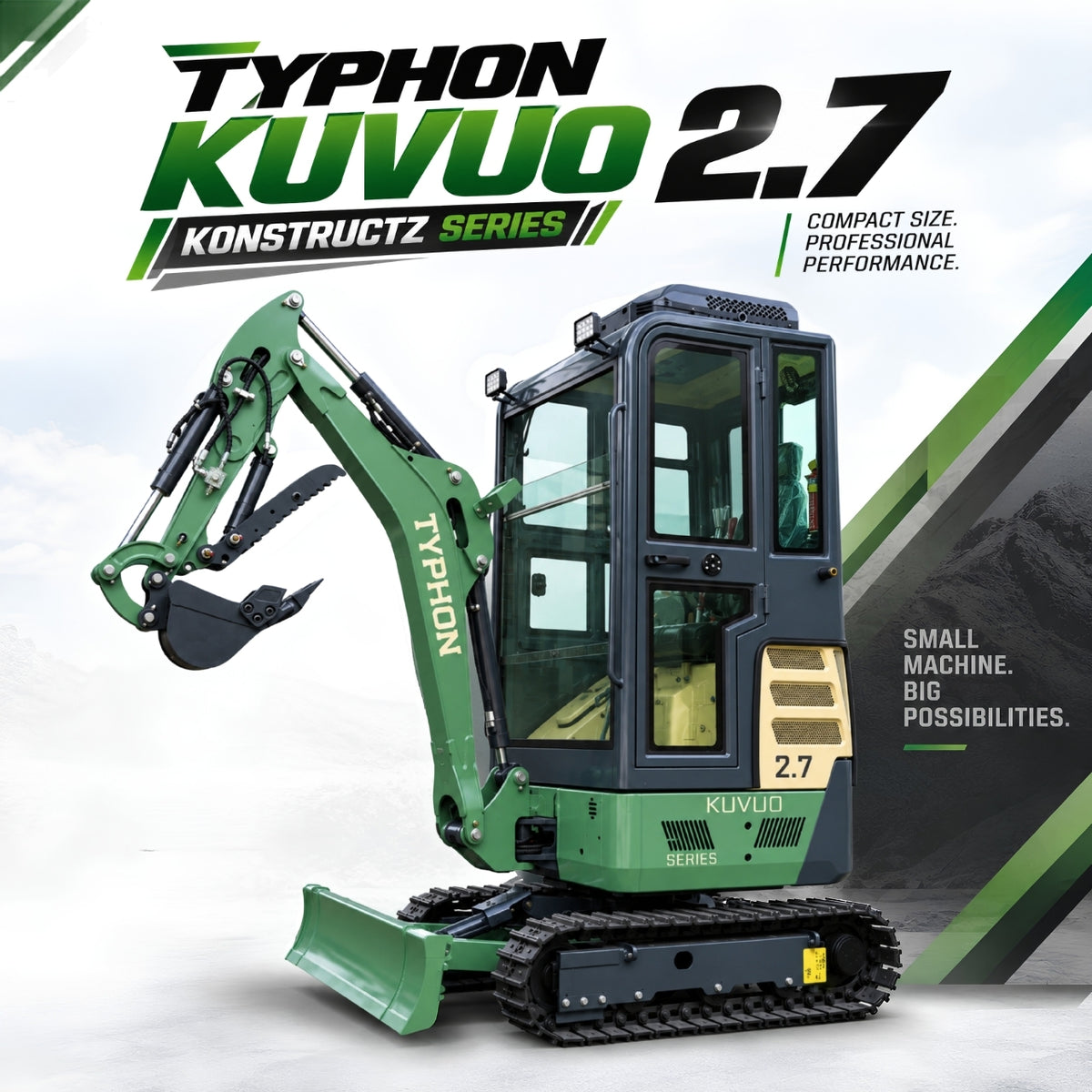 TYPHON KUVOU 2.7 - 5,300 lb Mini Excavator with Kubota D1105, Enclosed A/C & Heater Cab, Retractable Metal Tracks & Full Pilot Controls - New Excavator For Sale