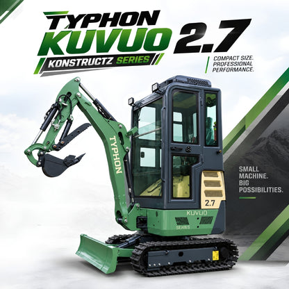 TYPHON KUVOU 2.7 - 5,300 lb Mini Excavator with Kubota D1105, Enclosed A/C & Heater Cab, Retractable Metal Tracks & Full Pilot Controls - New Excavator For Sale
