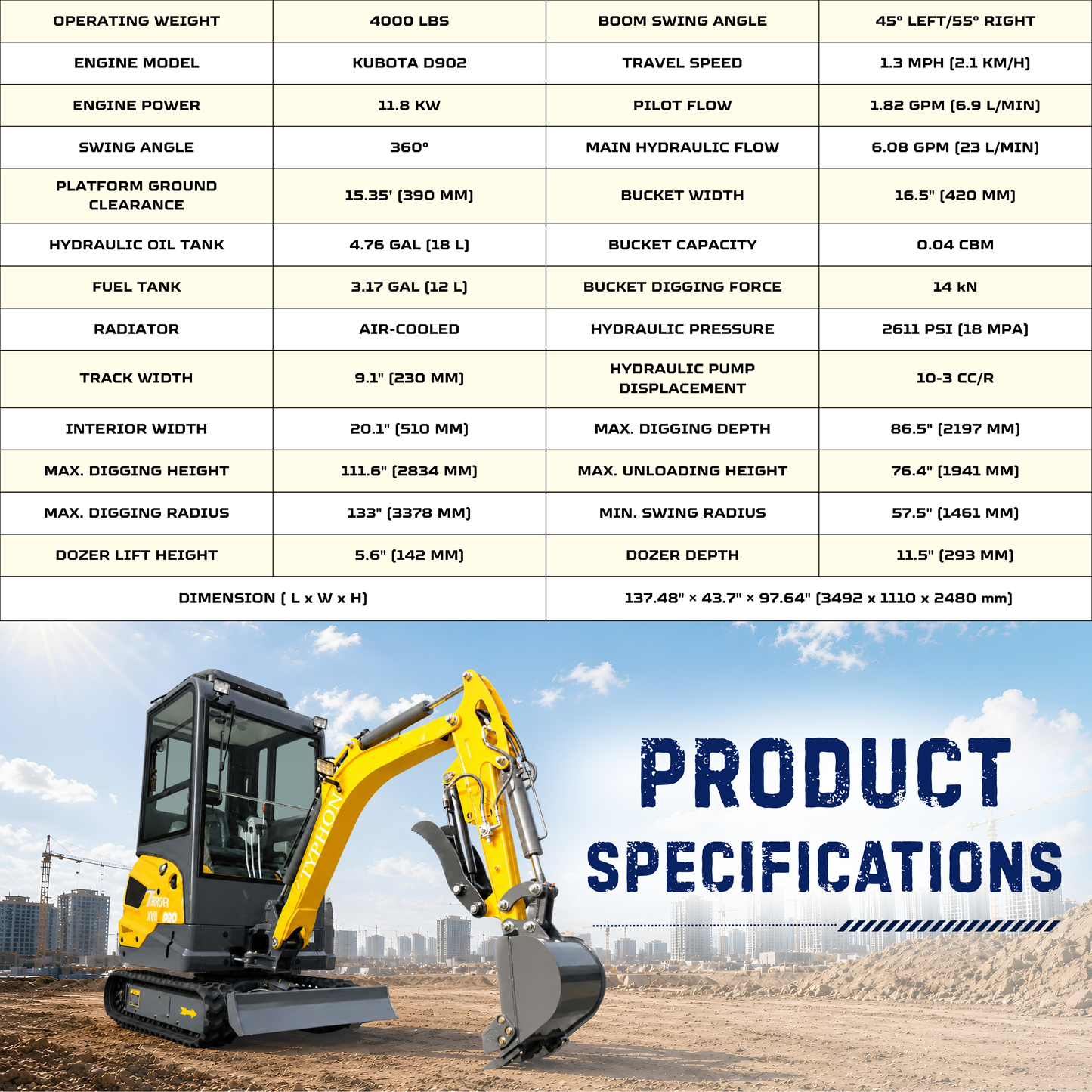 TYPHON TERROR XVII PRO Prestige Edition 4000 lb Mini Excavator Kubota D902 Diesel Engine Boom Swing Retractable Tracks  AC & Heater Hydraulic Thumb