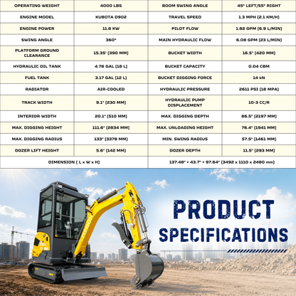 TYPHON TERROR XVII PRO Prestige Edition 4000 lb Mini Excavator Kubota D902 Diesel Engine Boom Swing Retractable Tracks  AC & Heater Hydraulic Thumb
