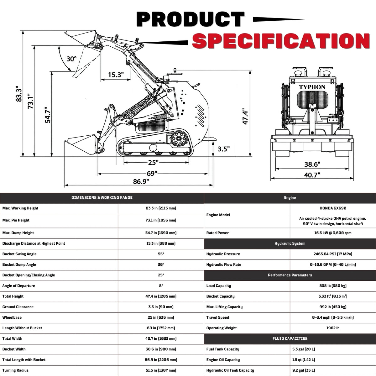 TYPHON STOMP 502 PRO Compact Track Loader - 22.1 HP Honda GX690 - 3-Pump Hydraulics - EPA Certified