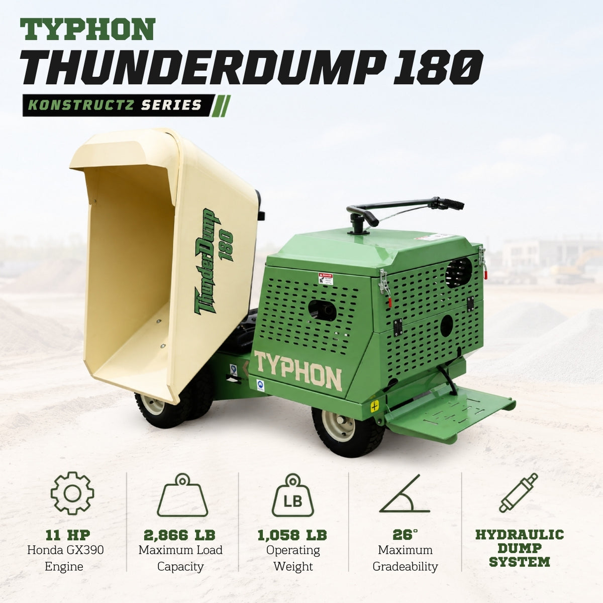 TYPHON THUNDERDUMP 180 Hydraulic Wheeled Dumper – Honda GX390, 2,866 lb Max Load