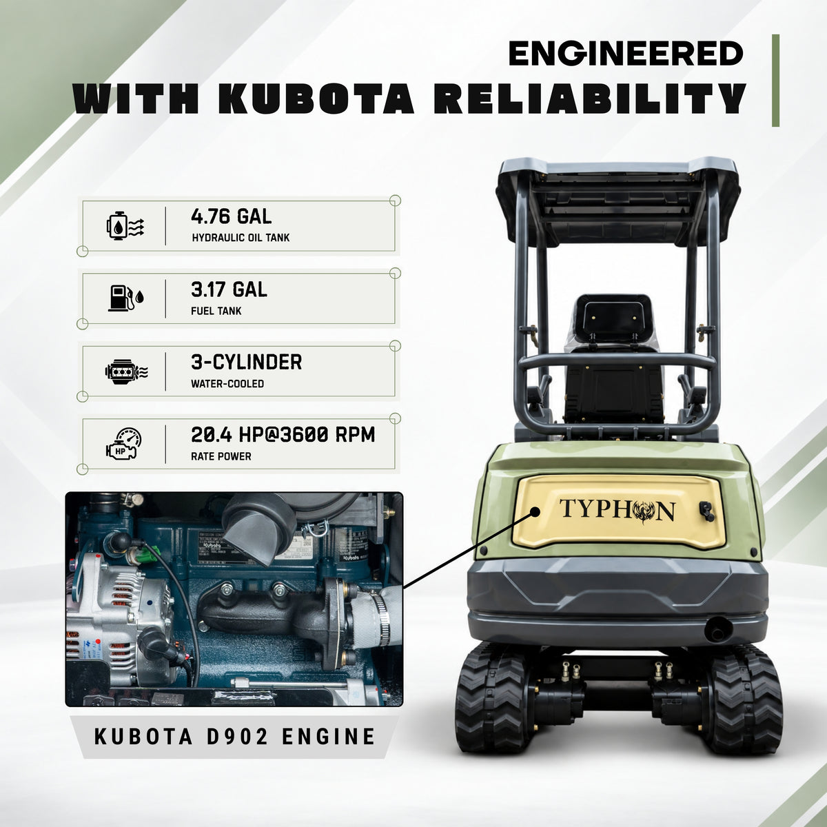 TYPHON TERROR XVII PRO 3,800 lb mini excavator with a Kubota D902 diesel engine, 360° swing, hydraulic thumb, and dozer blade.