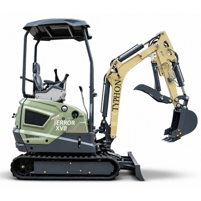 TYPHON TERROR XVII PRO 3,800 lb mini excavator with a Kubota D902 diesel engine, 360° swing, hydraulic thumb, and dozer blade.