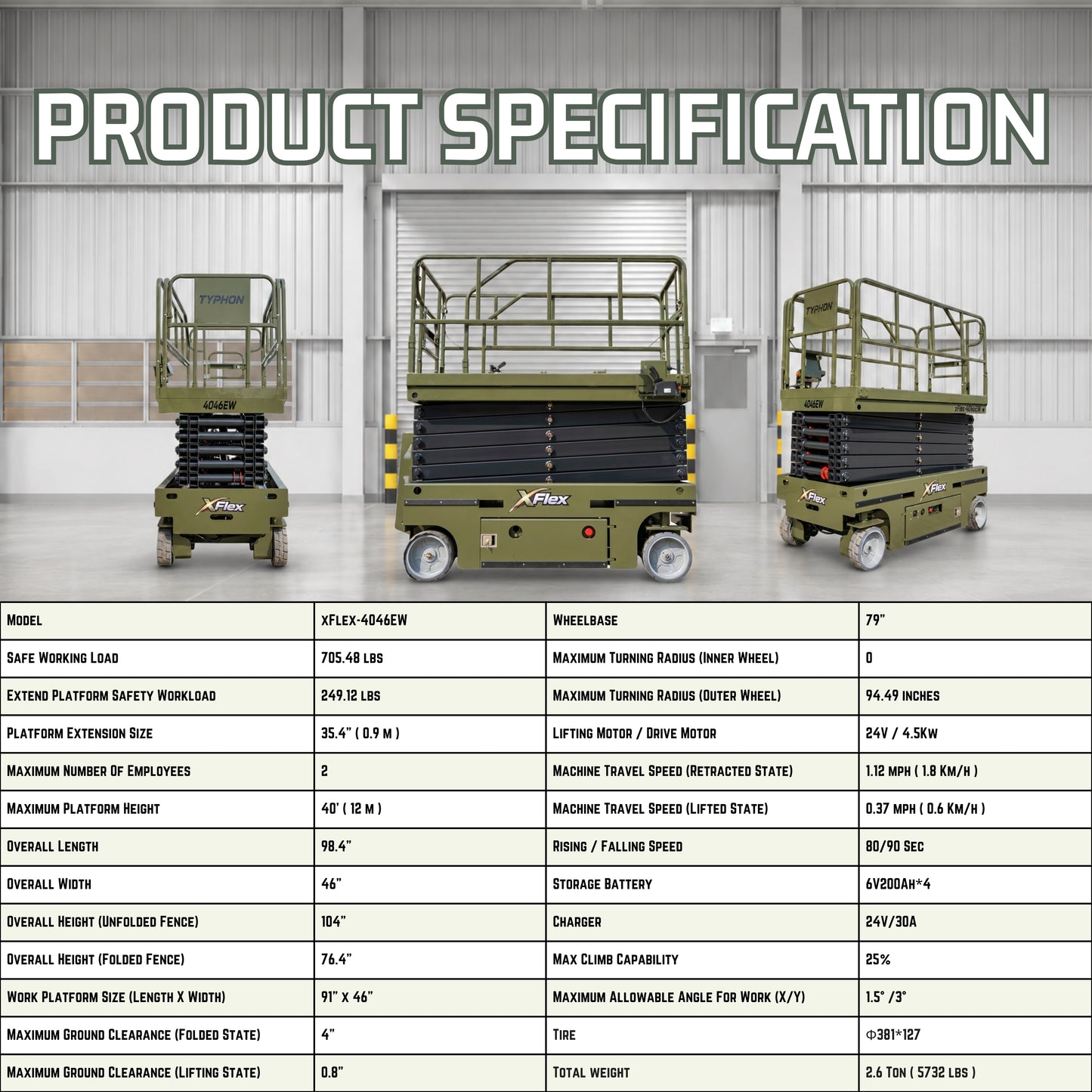 TYPHON xFlex-4046EW 2.6 Ton Electric Wheel Scissor Lift&nbsp; 40 ft Max Platform Height&nbsp; 35.4" Platform Extension
