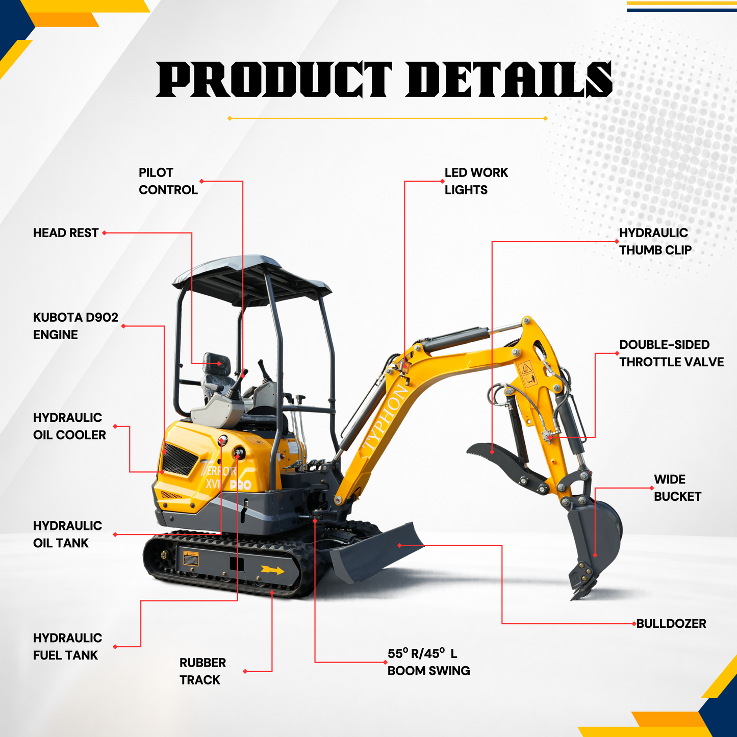 TYPHON TERROR XVII Pro Mini Excavator 14 kN Digging Force Dual Auxiliary Circuits EPA-Certified Kubota D902 Engine