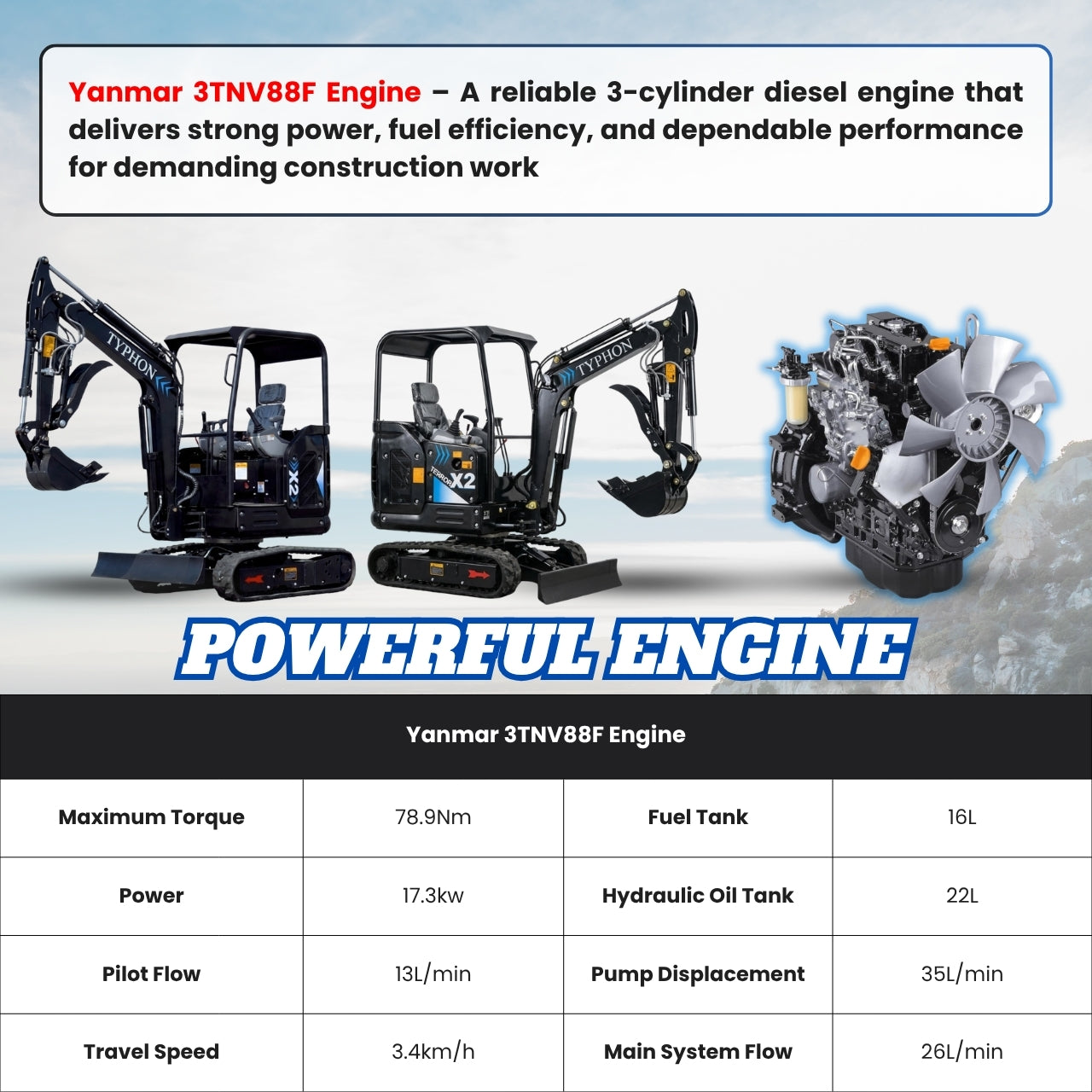 TYPHON TERROR X2 MAX 2.5Ton Mini Excavator&nbsp; Yanmar Engine, Hydraulic Oil-Cooled, Boom Swing, Retractable Tracks - New Excavator For Sale