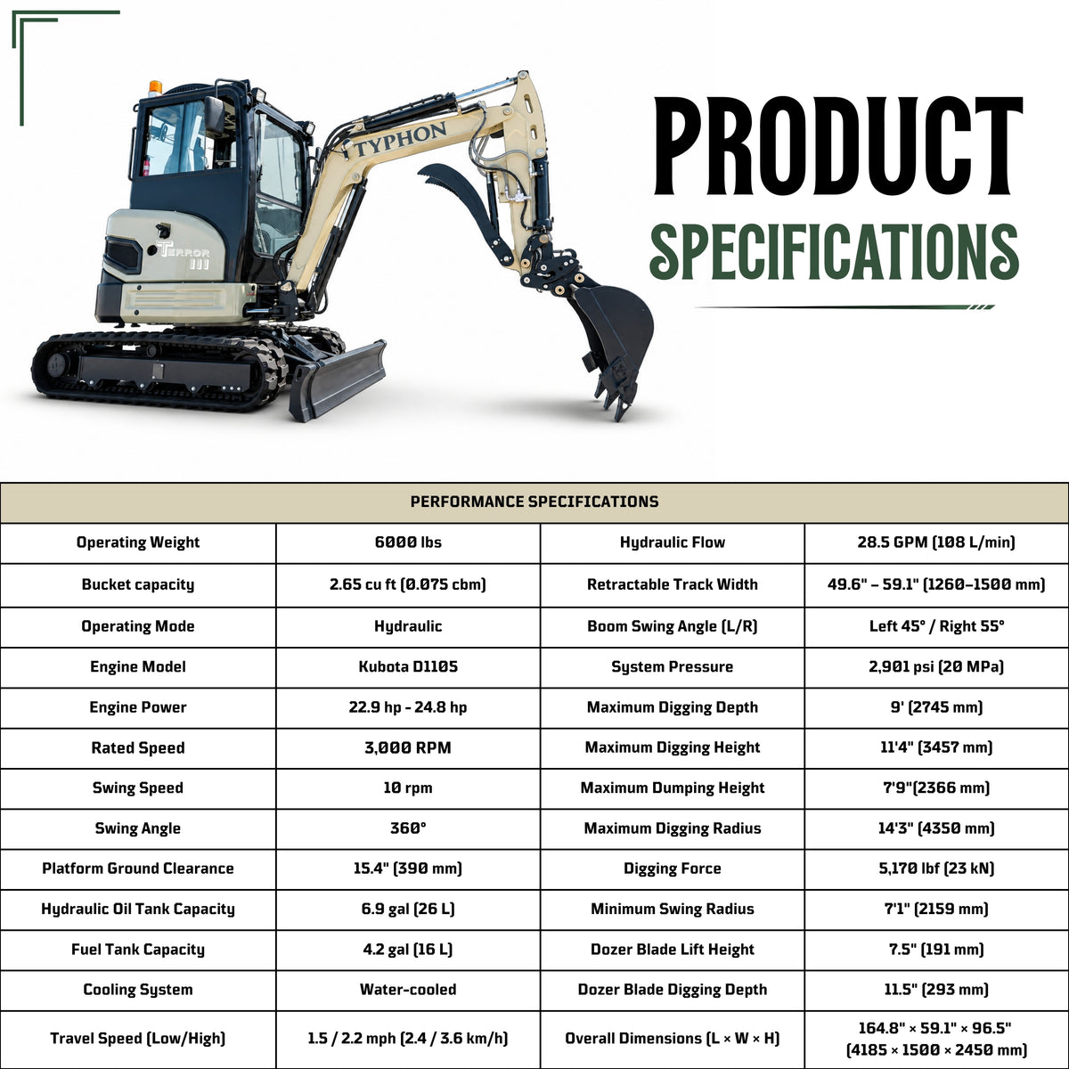 TYPHON TERROR III PROPACT Series Mini Excavator 6,000 lb Kubota D1105, Zero Tail Swing, AC/Heater
