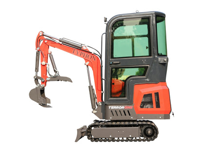 TYPHON TERROR ONE Mini Excavator – 1.1 Ton Trench Digger with Cabin, Hydraulic Thumb Clip, Hydraulic Oil Cooler, 13.5hp B&S Engine USA