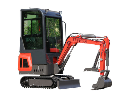 TYPHON TERROR ONE Mini Excavator – 1.1 Ton Trench Digger with Cabin, Hydraulic Thumb Clip, Hydraulic Oil Cooler, 13.5hp B&S Engine USA