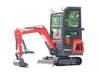 TYPHON TERROR ONE Mini Excavator – 1.1 Ton Trench Digger with Cabin, Hydraulic Thumb Clip, Hydraulic Oil Cooler, 13.5hp B&S Engine USA