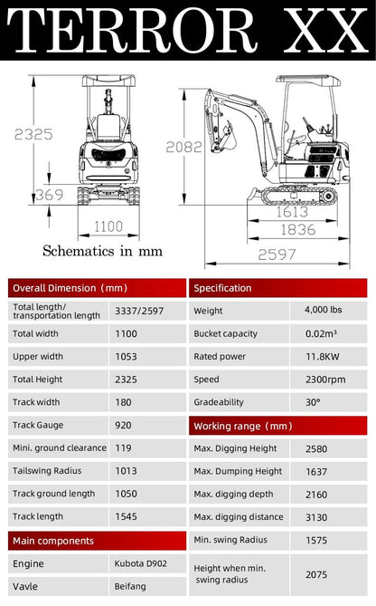 2025 4,000 lb TYPHON TERROR XX Mini Excavator Rubber Track with Kubota D902 Diesel Engine USA