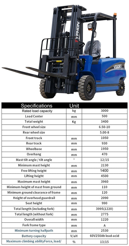 New 2025 TYPHON VIGOR 3.0 Blue Electric Forklift 3 Ton Lifter Lift Truck Jitney Hi-Lo