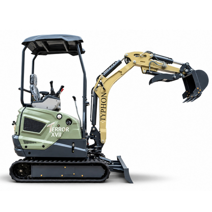 TYPHON TERROR XVII PRO 3,800 lb mini excavator with a Kubota D902 diesel engine, 360° swing, hydraulic thumb, and dozer blade.