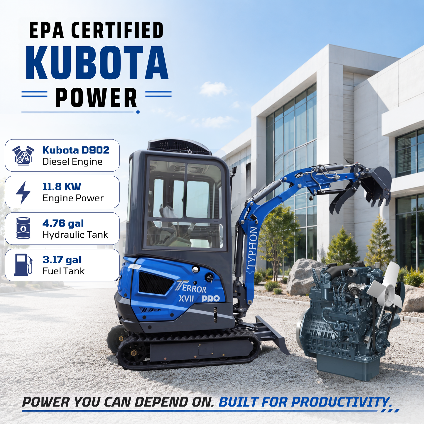 TYPHON TERROR XVII PRO Cabin Mini Excavator  Kubota D902 Diesel Retractable Tracks  Boom Swing AC & Heater
