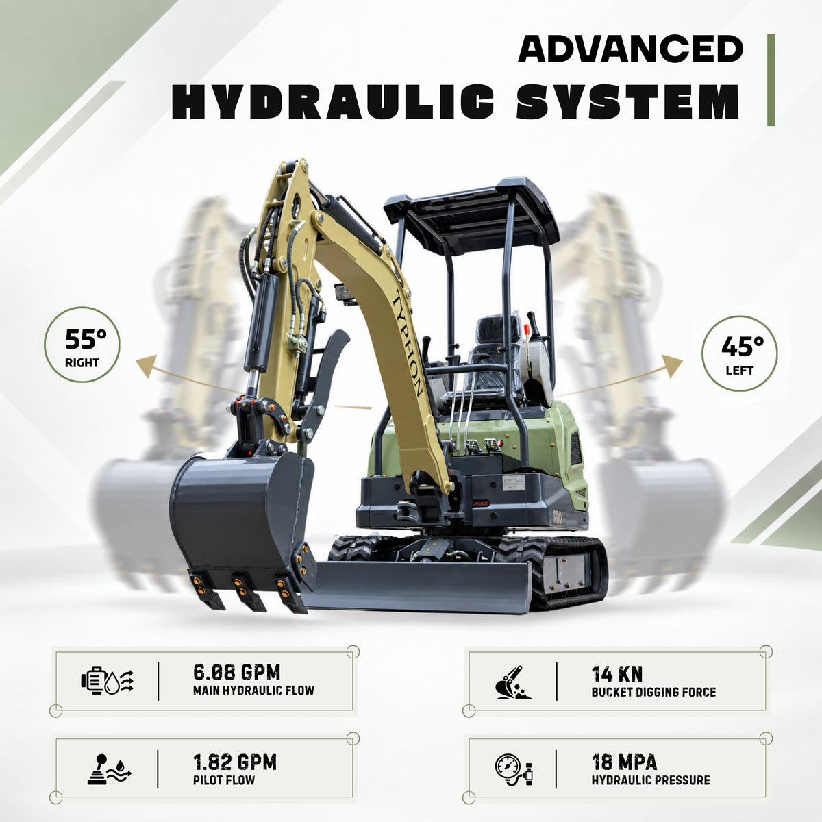 TYPHON TERROR XVII PRO 3,800 lb mini excavator with a Kubota D902 diesel engine, 360° swing, hydraulic thumb, and dozer blade.