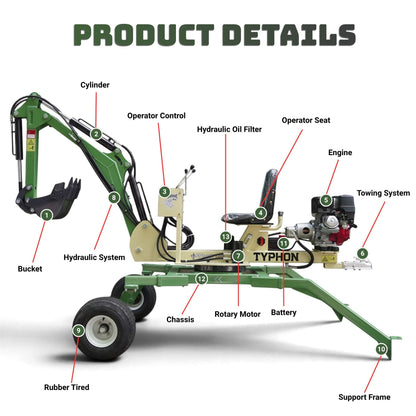 TYPHON Spider One Mini Excavator - EPA Certified Honda GX390, 360° Rotation, Towable