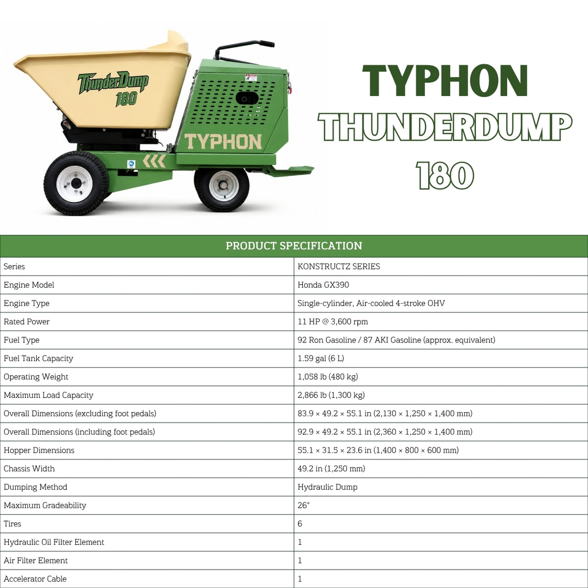 TYPHON THUNDERDUMP 180 Hydraulic Wheeled Dumper – Honda GX390, 2,866 lb Max Load