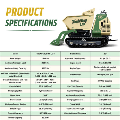 TYPHON ThunderDump Lift KONSTRUCTZ Series Compact Tracked Dumper Honda GX390, 2,205 lb Capacity