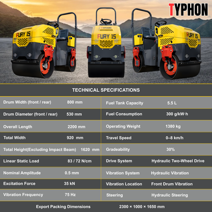 TYPHON Fury 15 Compact Road Roller – Hydraulic Drive, Front Wheel Vibration System, 13.5 hp B&S Gas Engine