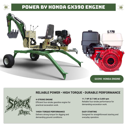 TYPHON Spider One Mini Excavator - EPA Certified Honda GX390, 360° Rotation, Towable
