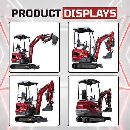 YPHON TERROR XVII PRO Mini Excavator. Powered by a Kubota D902 engine, featuring dual auxiliary hydraulics, 86-inch diging depth, and a hydraulic thumb. Free Shipping.
