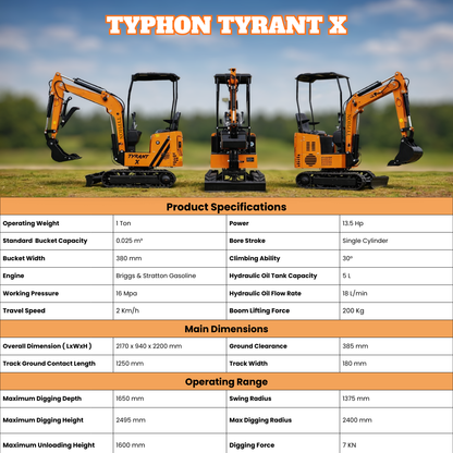 TYPHON TYRANT X 1-Ton Mini Excavator 13.5HP Briggs & Stratton Engine, Hydraulic Thumb Clip, Dozer Blade, 360° Body Swing - New Excavator For Sale