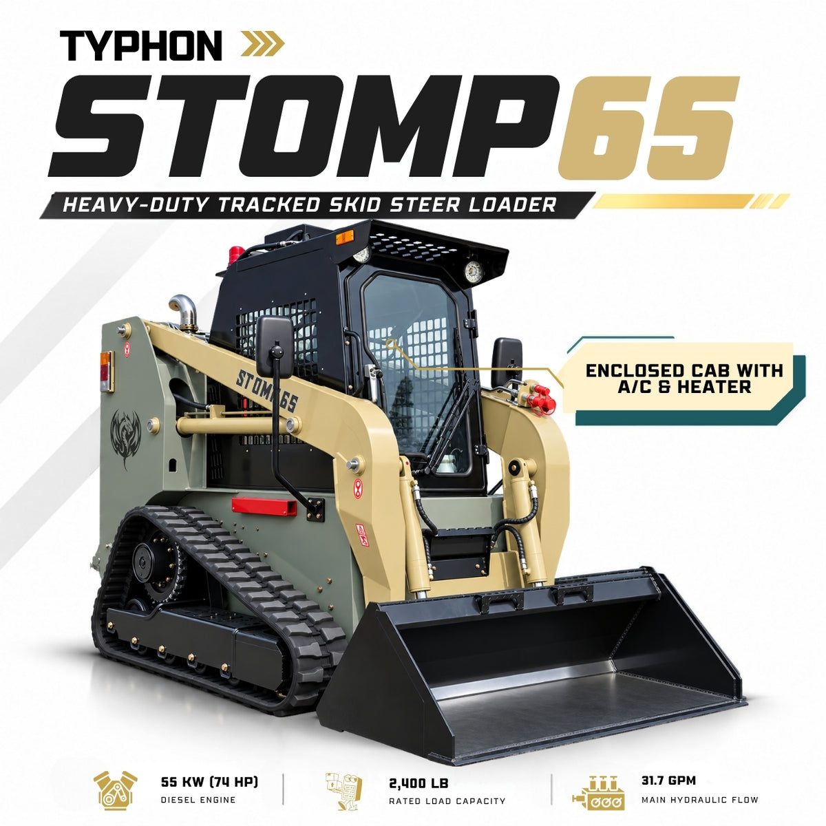 TYPHON STOMP 65 Mini Skid Steer Loader PROPACT Series 74 HP Cummins Diesel, Dual Hydraulics, A/C & Heater Cab