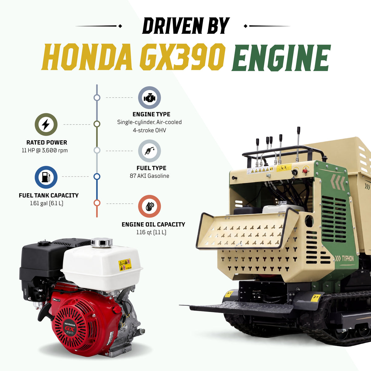 TYPHON ThunderDump Lift KONSTRUCTZ Series Compact Tracked Dumper Honda GX390, 2,205 lb Capacity