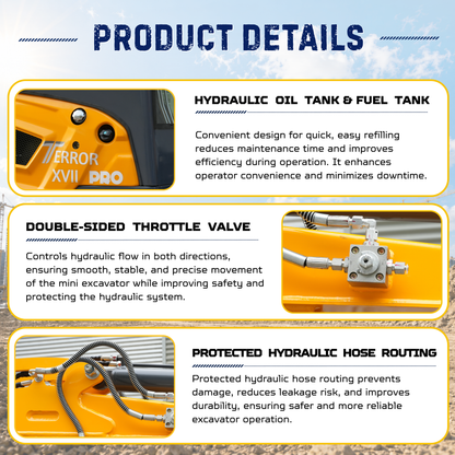 TYPHON TERROR XVII PRO Prestige Edition 4000 lb Mini Excavator Kubota D902 Diesel Engine Boom Swing Retractable Tracks  AC & Heater Hydraulic Thumb