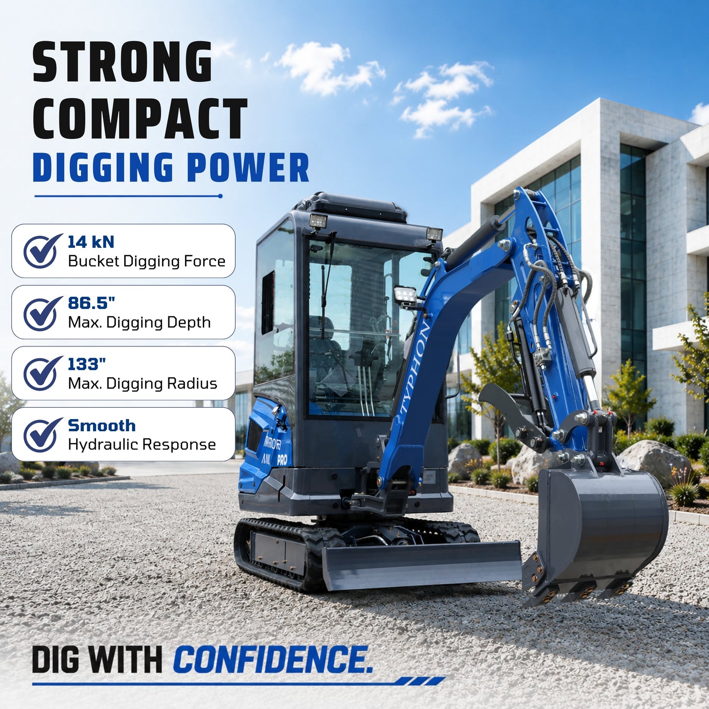 TYPHON TERROR XVII PRO Cabin Mini Excavator  Kubota D902 Diesel Retractable Tracks  Boom Swing AC & Heater