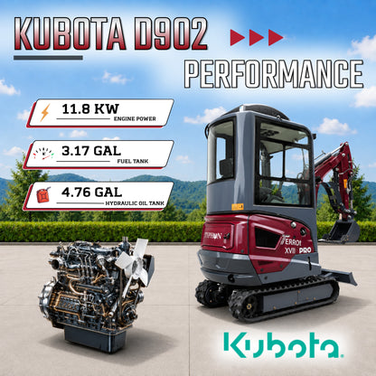 TYPHON TERROR XVII PRO Prestige Mini Excavator  Kubota D902 Diesel Engine  Retractable Rubber Tracks  Swing Boom  Hydraulic Thumb  AC & Heater