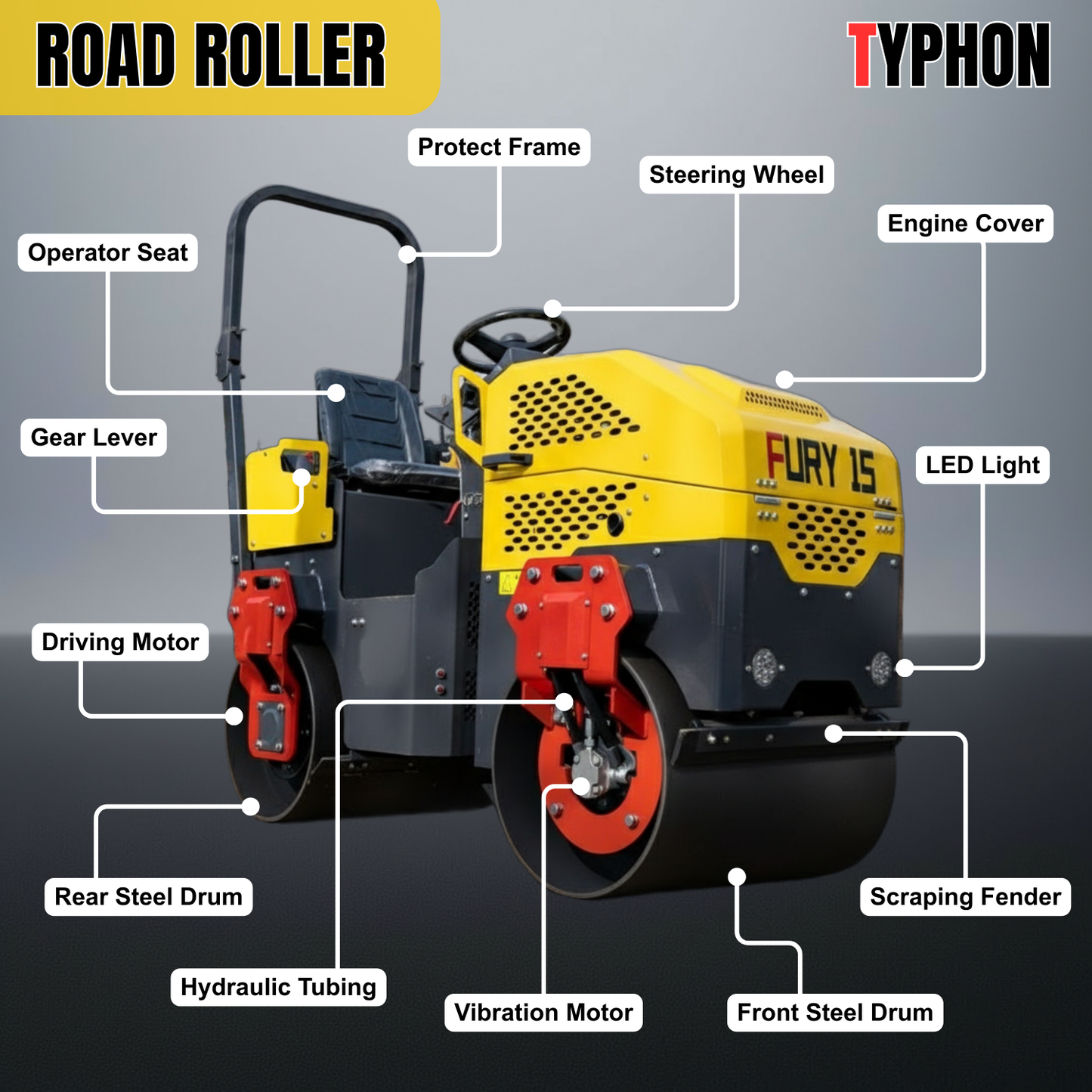 TYPHON Fury 15 Compact Road Roller – Hydraulic Drive, Front Wheel Vibration System, 13.5 hp B&S Gas Engine