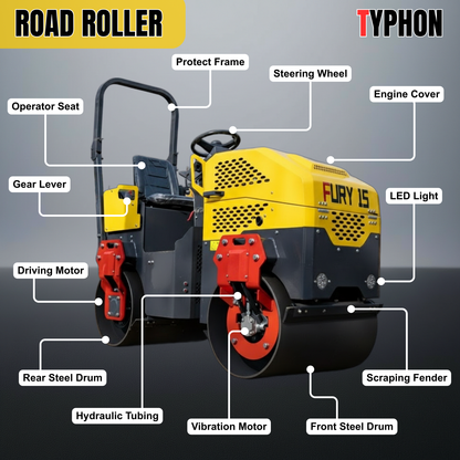 TYPHON Fury 15 Compact Road Roller – Hydraulic Drive, Front Wheel Vibration System, 13.5 hp B&S Gas Engine