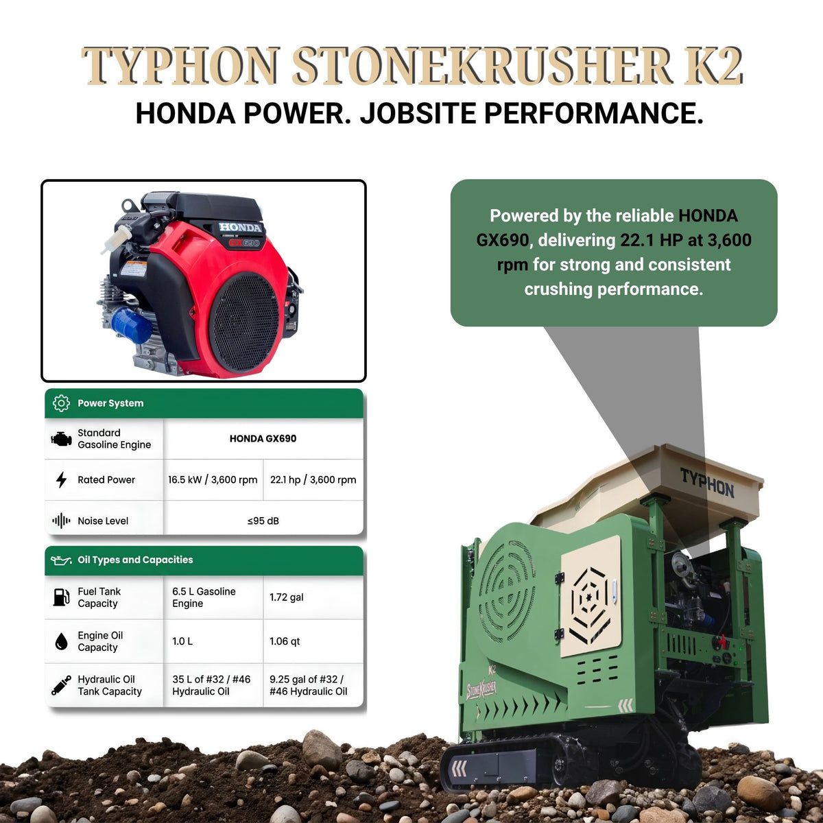 TYPHON STONEKRUSHER K2 Compact Tracked Rock & Concrete Jaw Crusher – 2-5 T/h Honda GX690