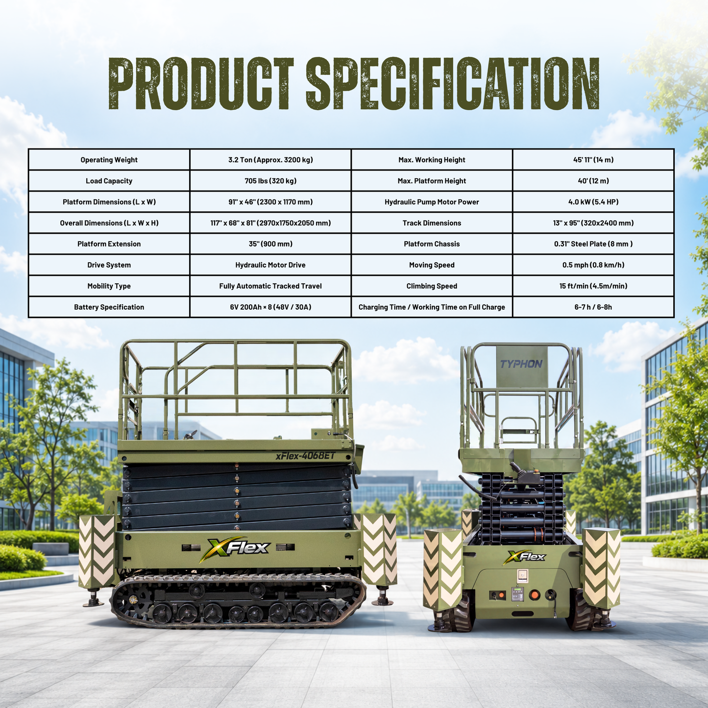 TYPHON xFlex-4068ET 3.2 Ton Electric Rubber Track Scissor Lift&nbsp; 40 ft Max Platform Height&nbsp; 5.4HP Hydraulic Pump Motor 35-Inch Platform Extension