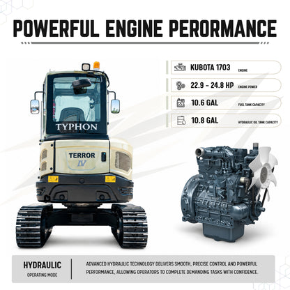 TYPHON Terror IV PROPACT Series 9,000 lb Mini Excavator with Kubota D1703 Diesel, AC/Heater & Zero Tail Swing