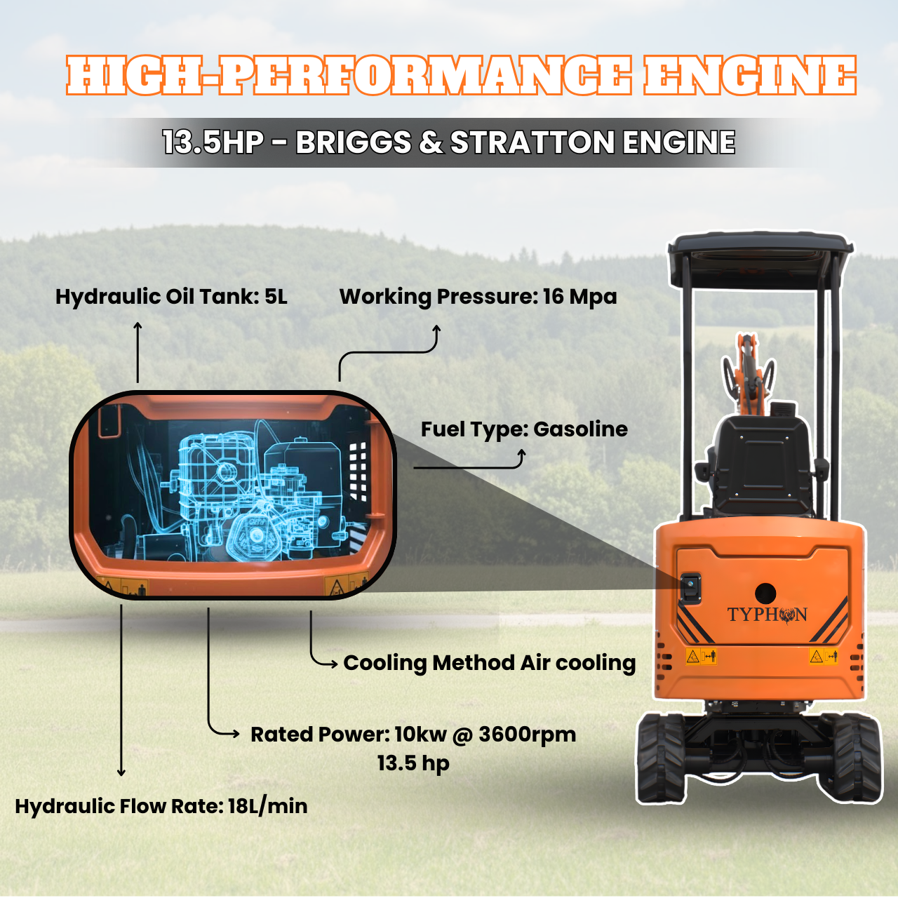 TYPHON TYRANT X 1-Ton Mini Excavator 13.5HP Briggs & Stratton Engine, Hydraulic Thumb Clip, Dozer Blade, 360° Body Swing - New Excavator For Sale
