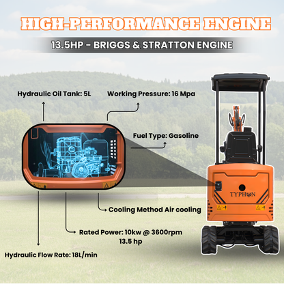 TYPHON TYRANT X 1-Ton Mini Excavator 13.5HP Briggs & Stratton Engine, Hydraulic Thumb Clip, Dozer Blade, 360° Body Swing - New Excavator For Sale