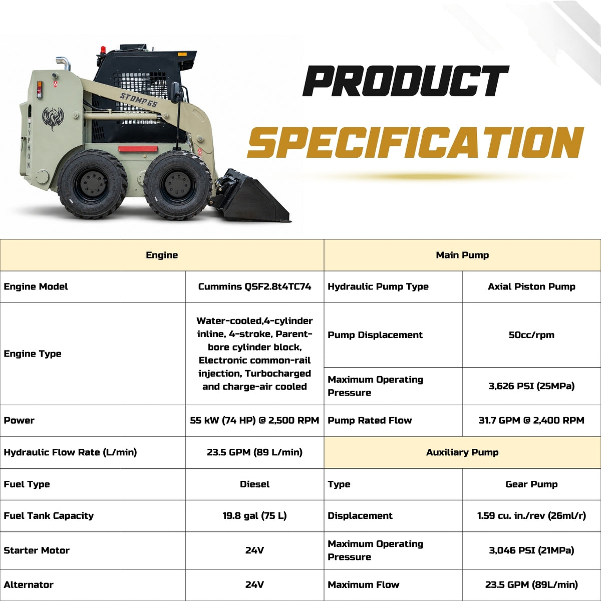 TYPHON STOMP 65 Mini Skid Steer Loader PROPACT Series 74 HP Cummins Diesel, Dual Hydraulics, A/C & Heater Cab