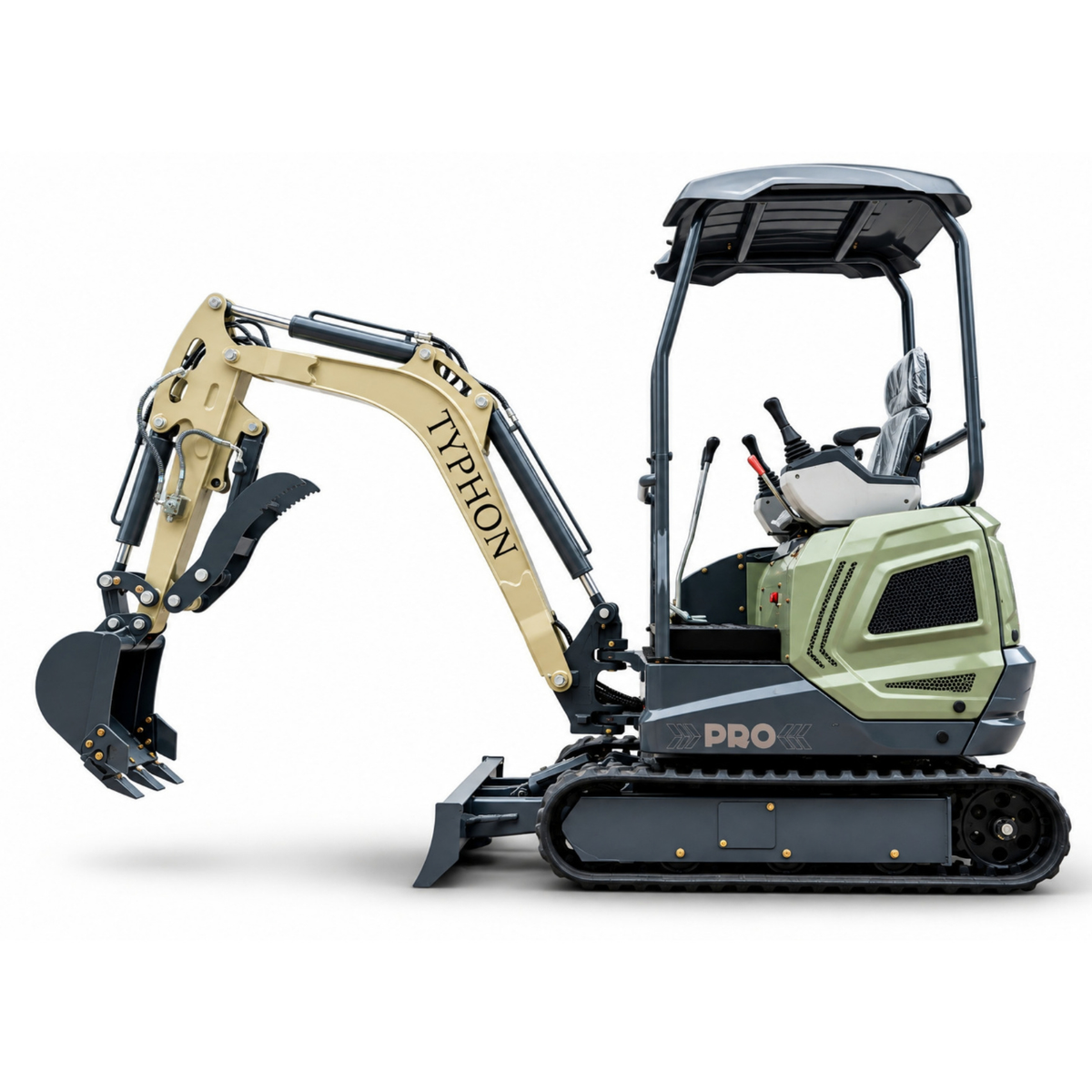 TYPHON TERROR XVII PRO 3,800 lb mini excavator with a Kubota D902 diesel engine, 360° swing, hydraulic thumb, and dozer blade.