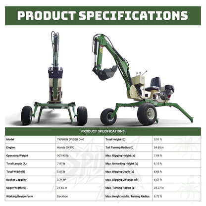 TYPHON Spider One Mini Excavator - EPA Certified Honda GX390, 360° Rotation, Towable