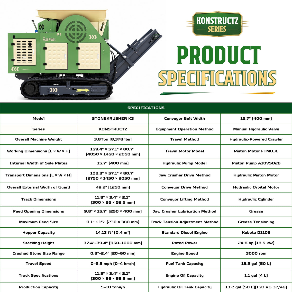 TYPHON STONEKRUSHER K3 Compact Tracked Jaw Crusher – 24.8HP Kubota Diesel  KONSTRUCTZ Series