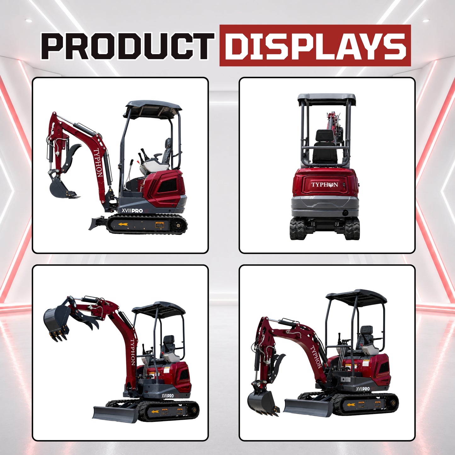 YPHON TERROR XVII PRO Mini Excavator. Powered by a Kubota D902 engine, featuring dual auxiliary hydraulics, 86-inch diging depth, and a hydraulic thumb. Free Shipping.