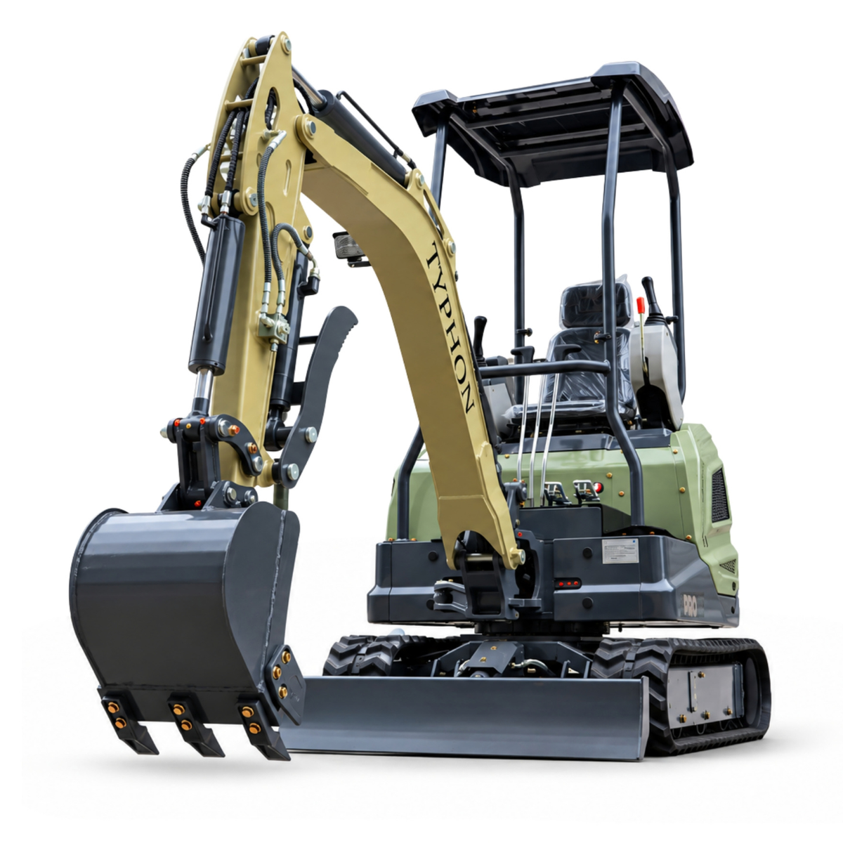 TYPHON TERROR XVII PRO 3,800 lb mini excavator with a Kubota D902 diesel engine, 360° swing, hydraulic thumb, and dozer blade.