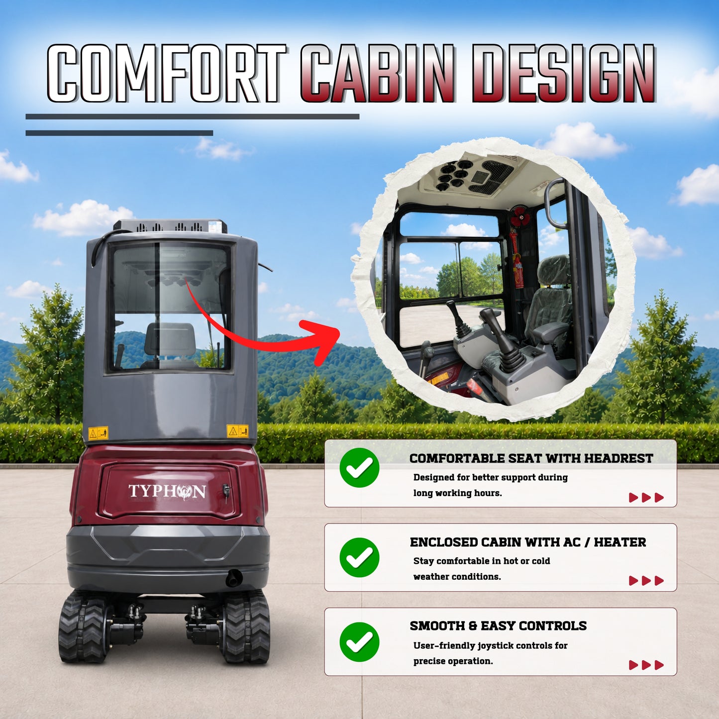 TYPHON TERROR XVII PRO Prestige Mini Excavator  Kubota D902 Diesel Engine  Retractable Rubber Tracks  Swing Boom  Hydraulic Thumb  AC & Heater