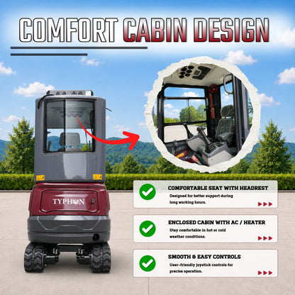 TYPHON TERROR XVII PRO Prestige Mini Excavator  Kubota D902 Diesel Engine  Retractable Rubber Tracks  Swing Boom  Hydraulic Thumb  AC & Heater