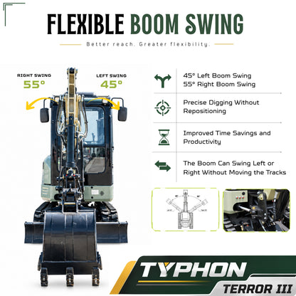 TYPHON TERROR III PROPACT Series Mini Excavator 6,000 lb Kubota D1105, Zero Tail Swing, AC/Heater